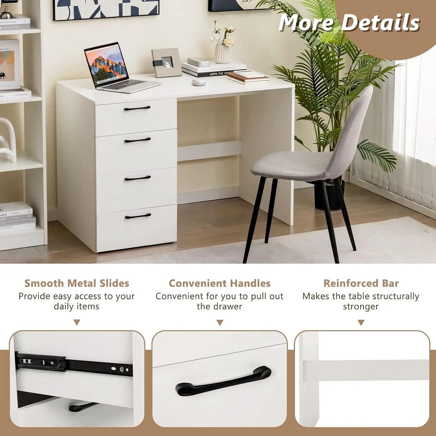 Modern White Computer Desk With Four Spacious Drawers from PriceLows™