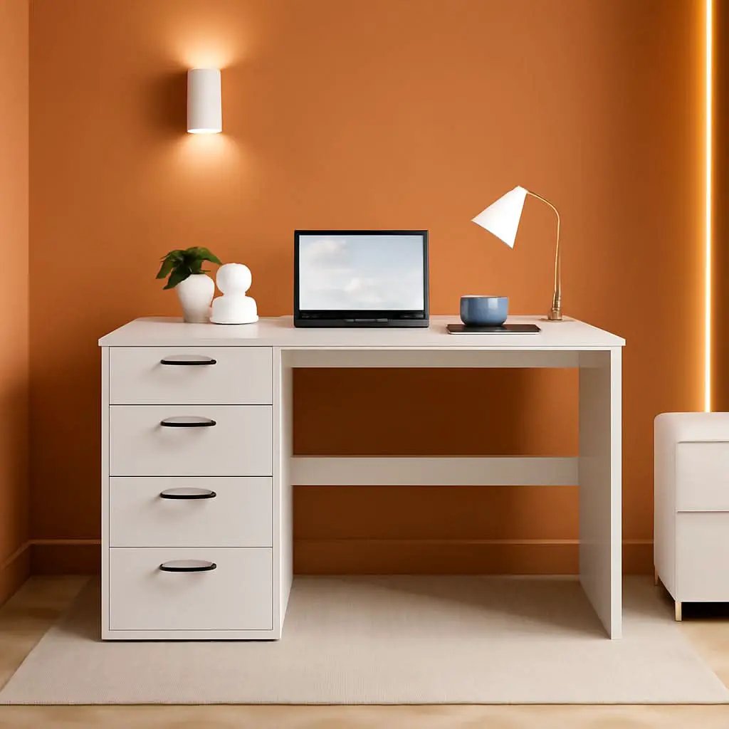 Modern White Computer Desk With Four Spacious Drawers from PriceLows™