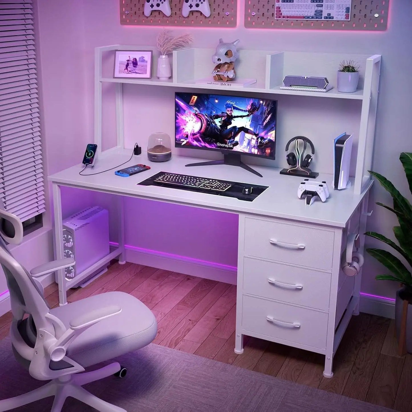 Modern White Computer Desk with Hutch and Drawers from PriceLows™