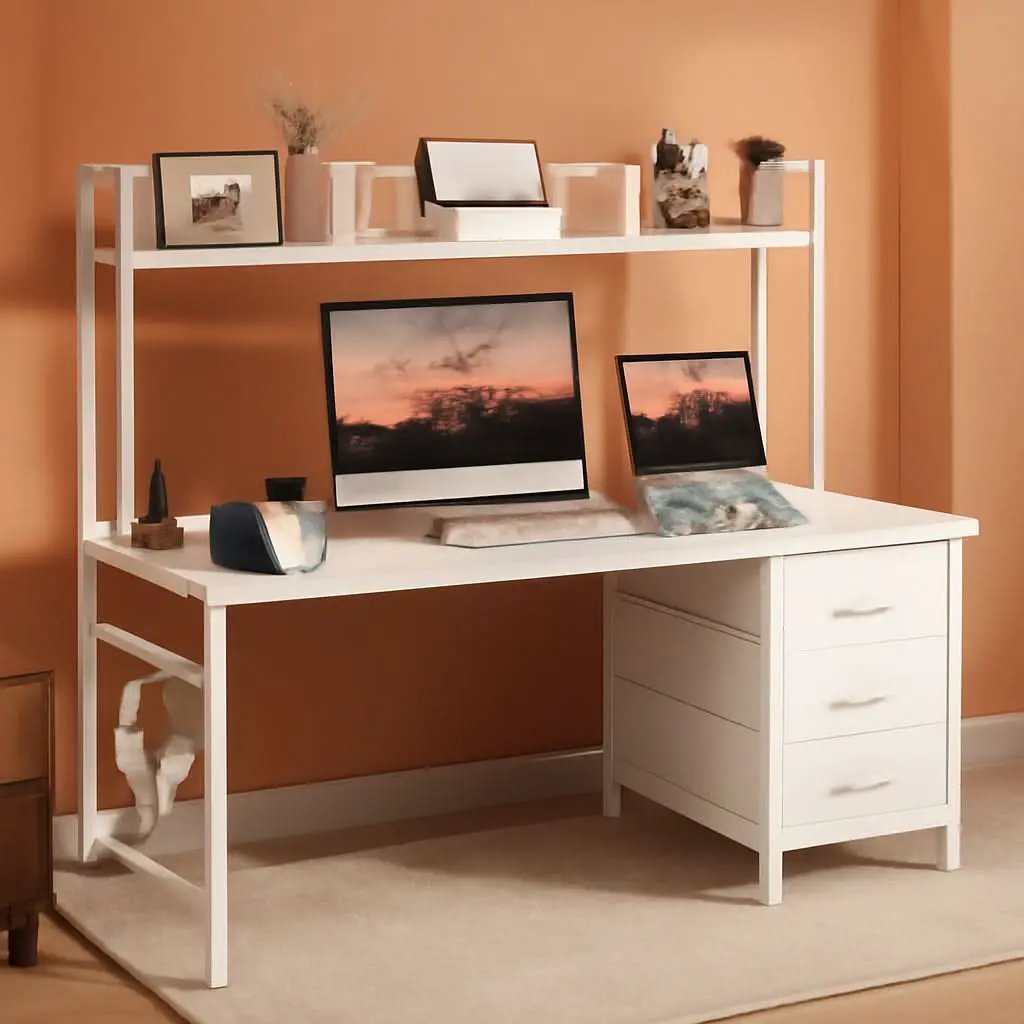 Modern White Computer Desk with Hutch and Drawers from PriceLows™