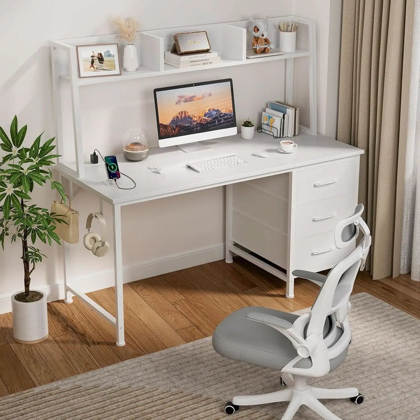 Modern White Computer Desk with Hutch and Drawers from PriceLows™