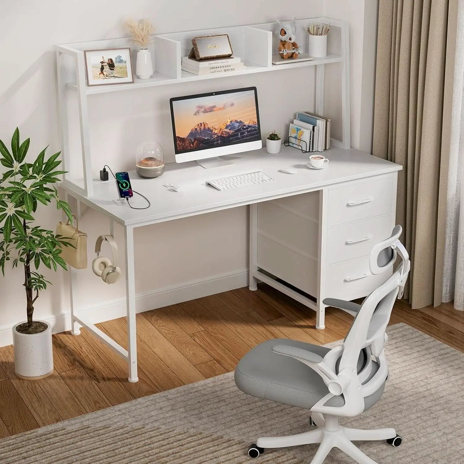 Modern White Computer Desk with Hutch and Drawers from PriceLows™