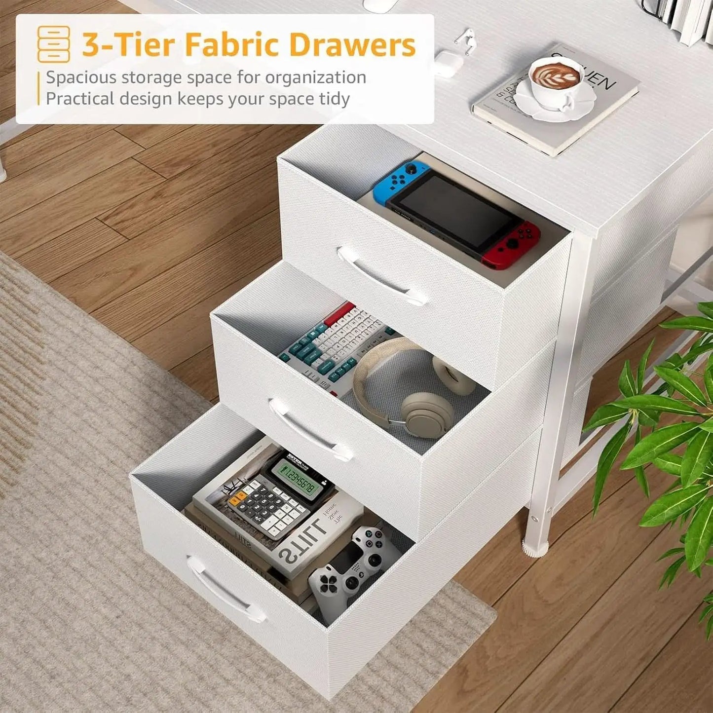 Modern White Computer Desk with Hutch and Drawers from PriceLows™