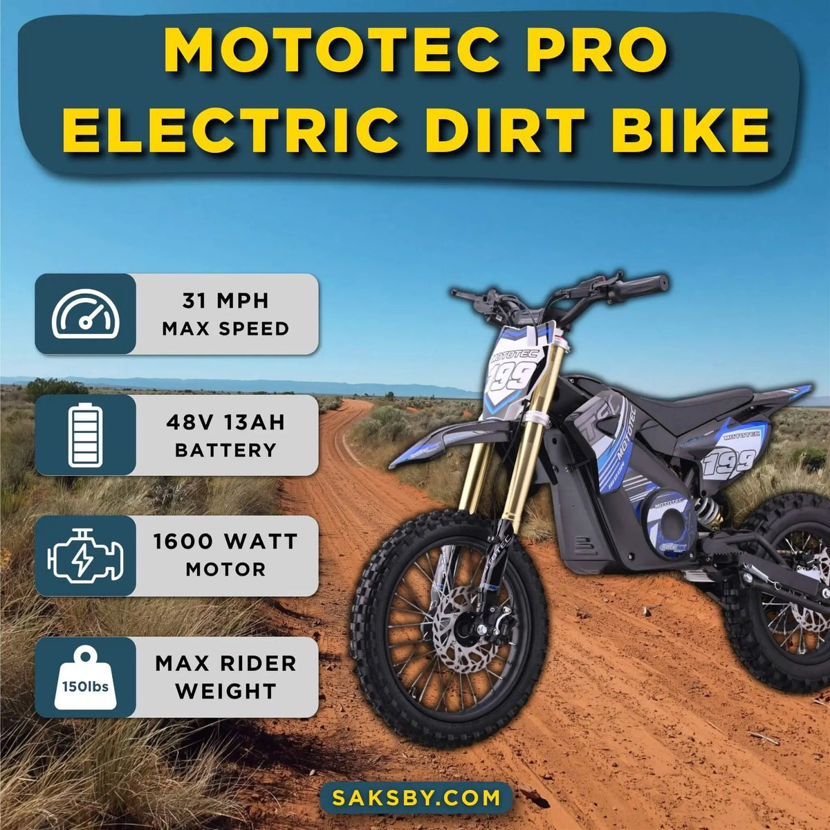 Electric Dirt Bike | MotoTec 48V 1800W Pro | Front And Rear Disc Brakes | Hydraulic Front Shocks