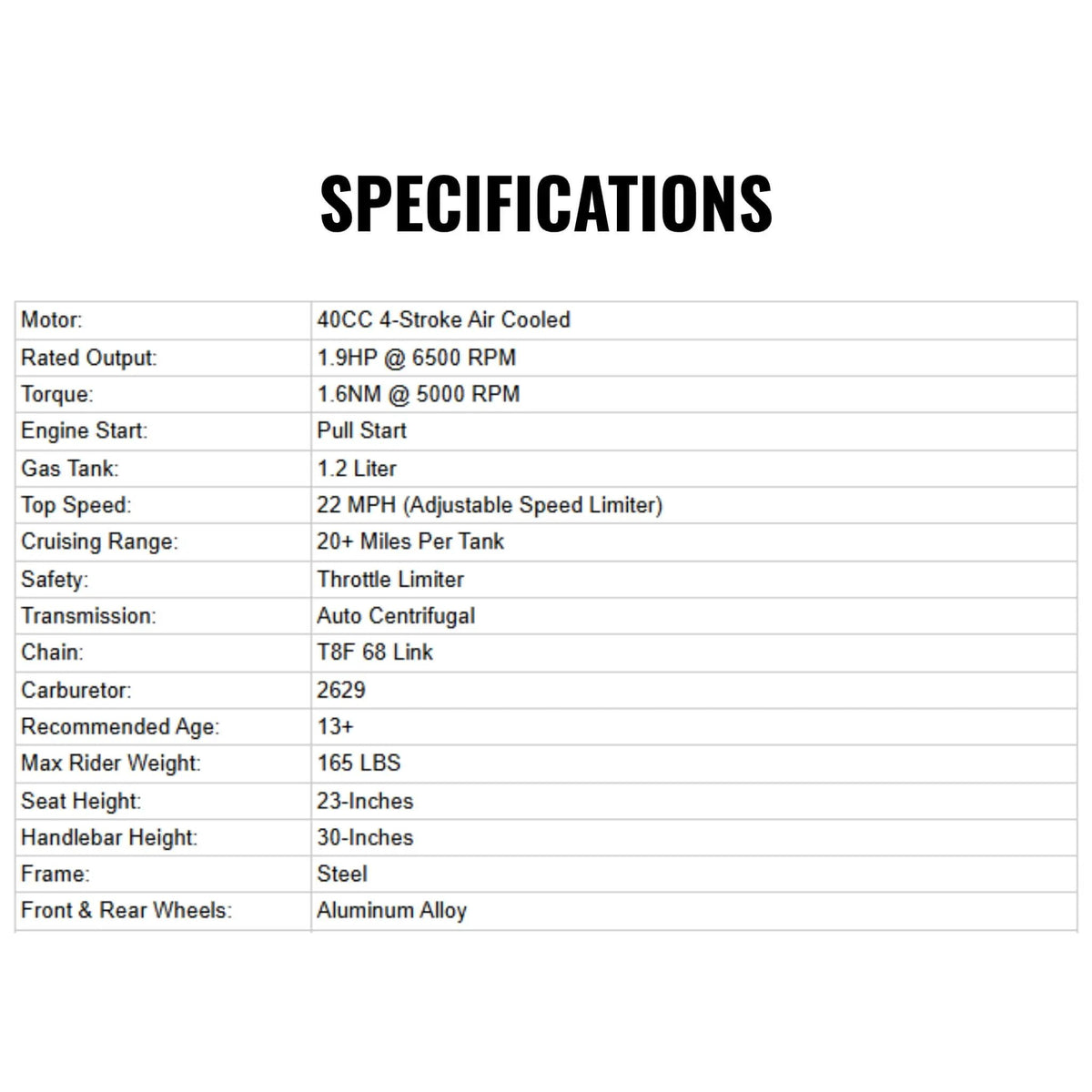 Kids Gas Dirt Bike | MotoTec Demon 40CC | 4-Stroke Engine | Chromoly Steel Frame