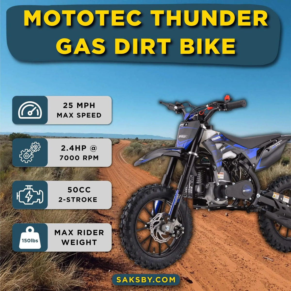 Kids Gas Dirt Bike | MotoTec Thunder 50CC | 2-Stroke Engine | Chromoly Steel Frame