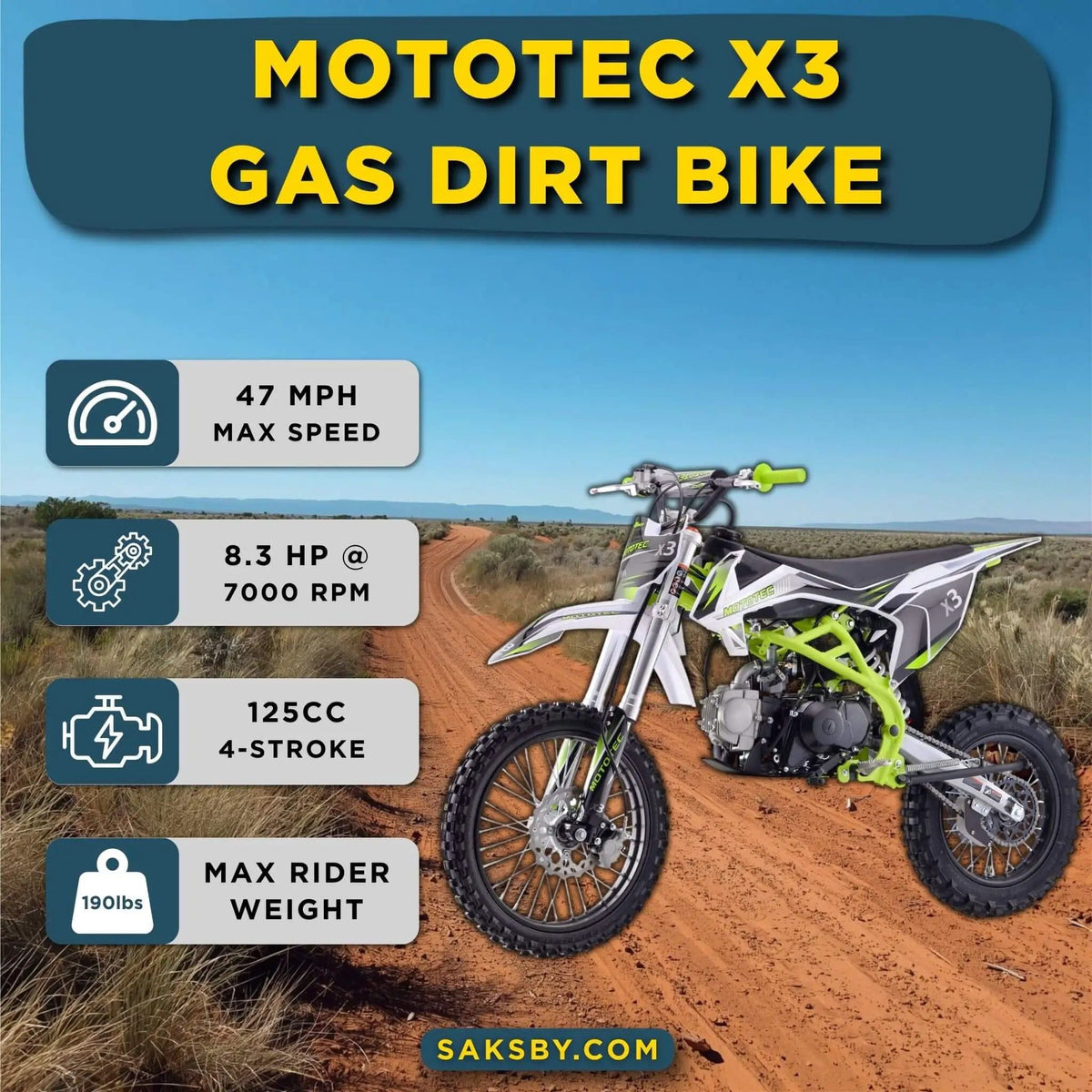 Gas Dirt Bike | MotoTec X3 125CC | 4-Stroke Engine | Lightweight Green Frame