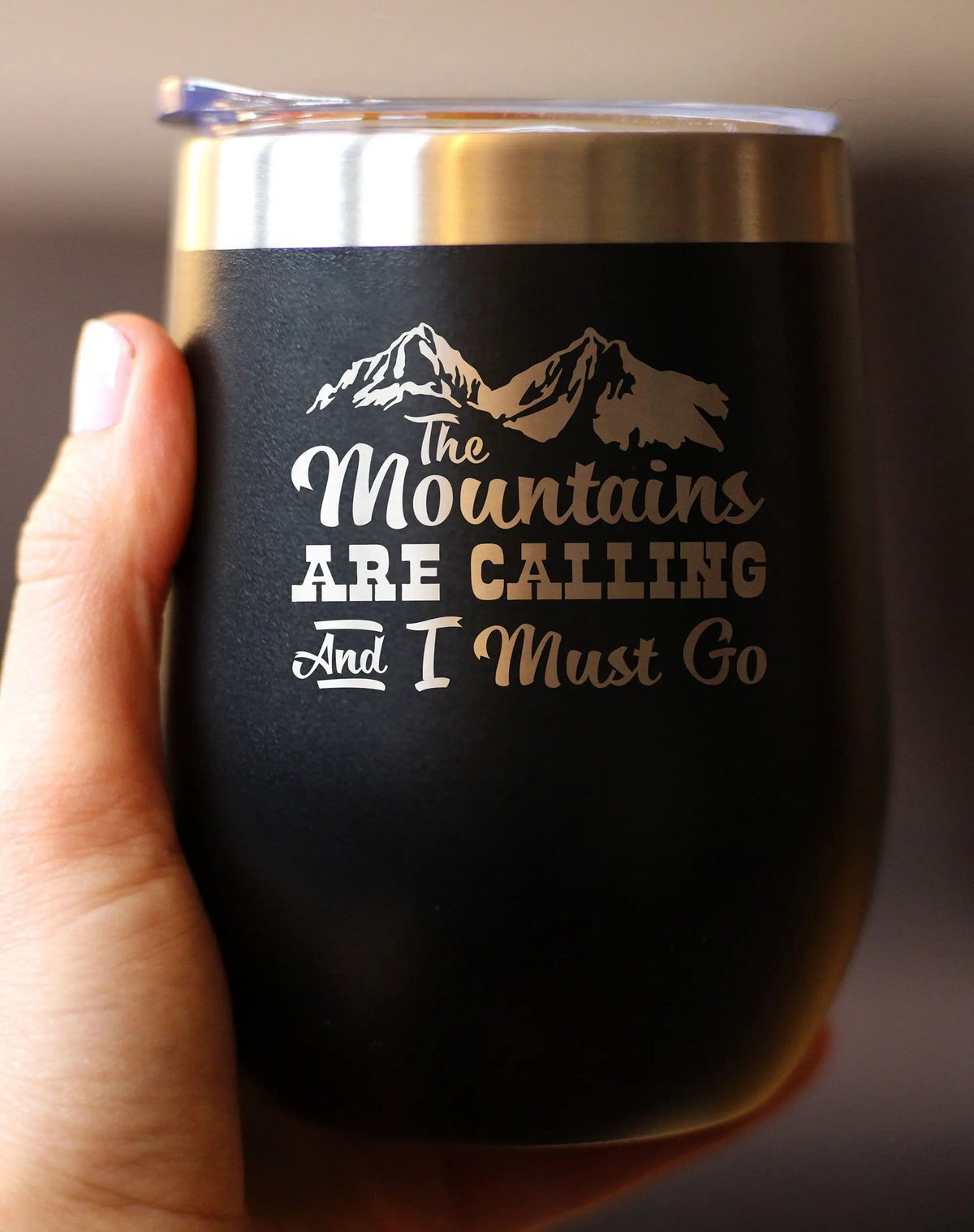 Mountains Are Calling Wine Tumbler | 12 Oz Double Wall Stainless Steel | Sliding Lid | Outdoor Hiking & Camping Gifts