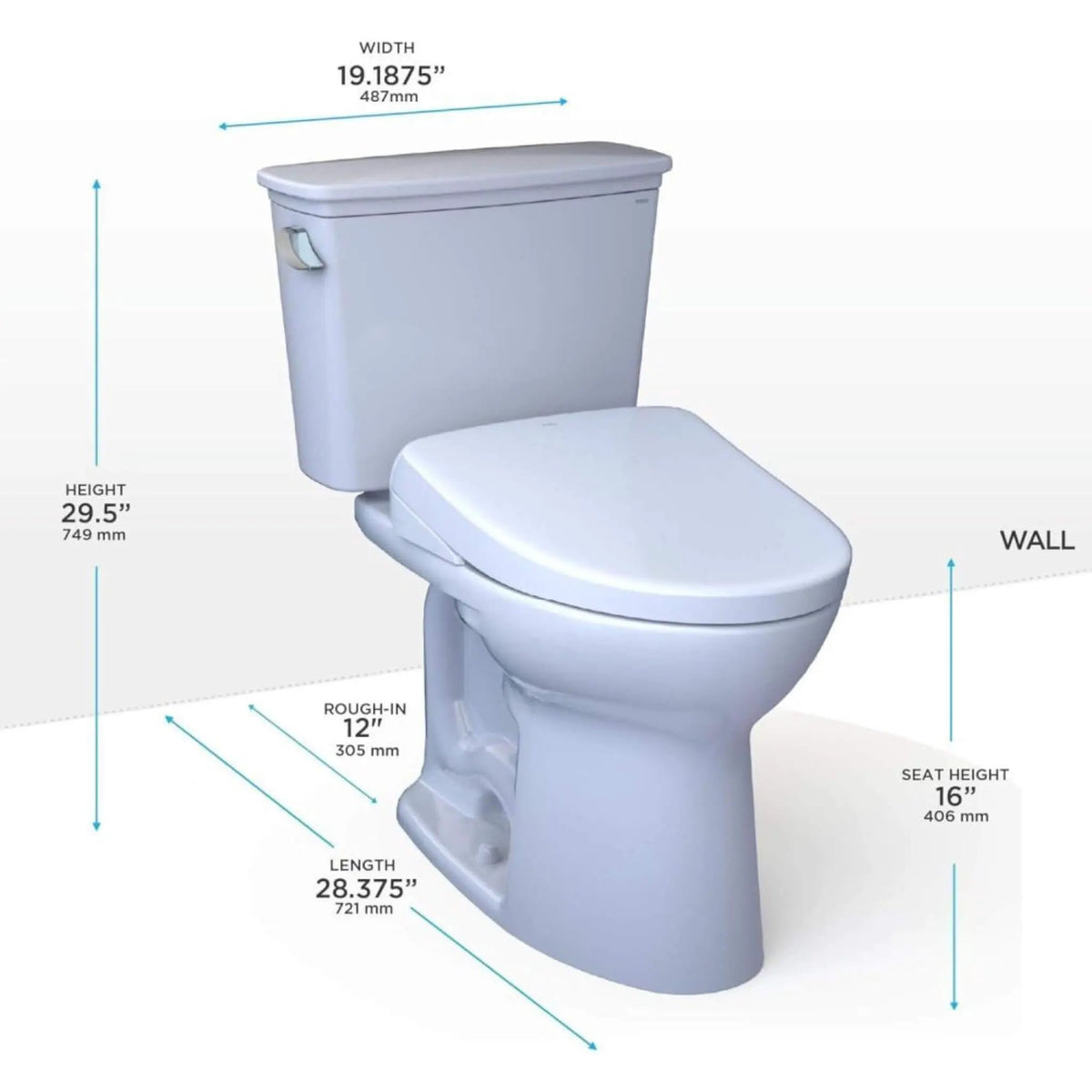 TOTO Drake Toilet | 1.28 GPF Tornado Flush | WASHLET S7 Bidet Seat | Concealed Power Cord