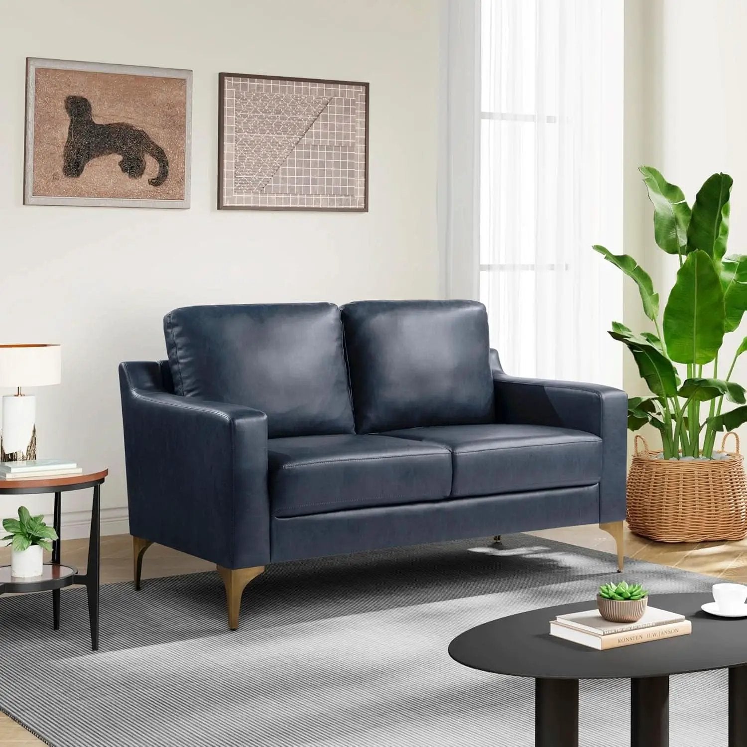Navy Blue Faux Leather Loveseat With High Density Foam from PriceLows™