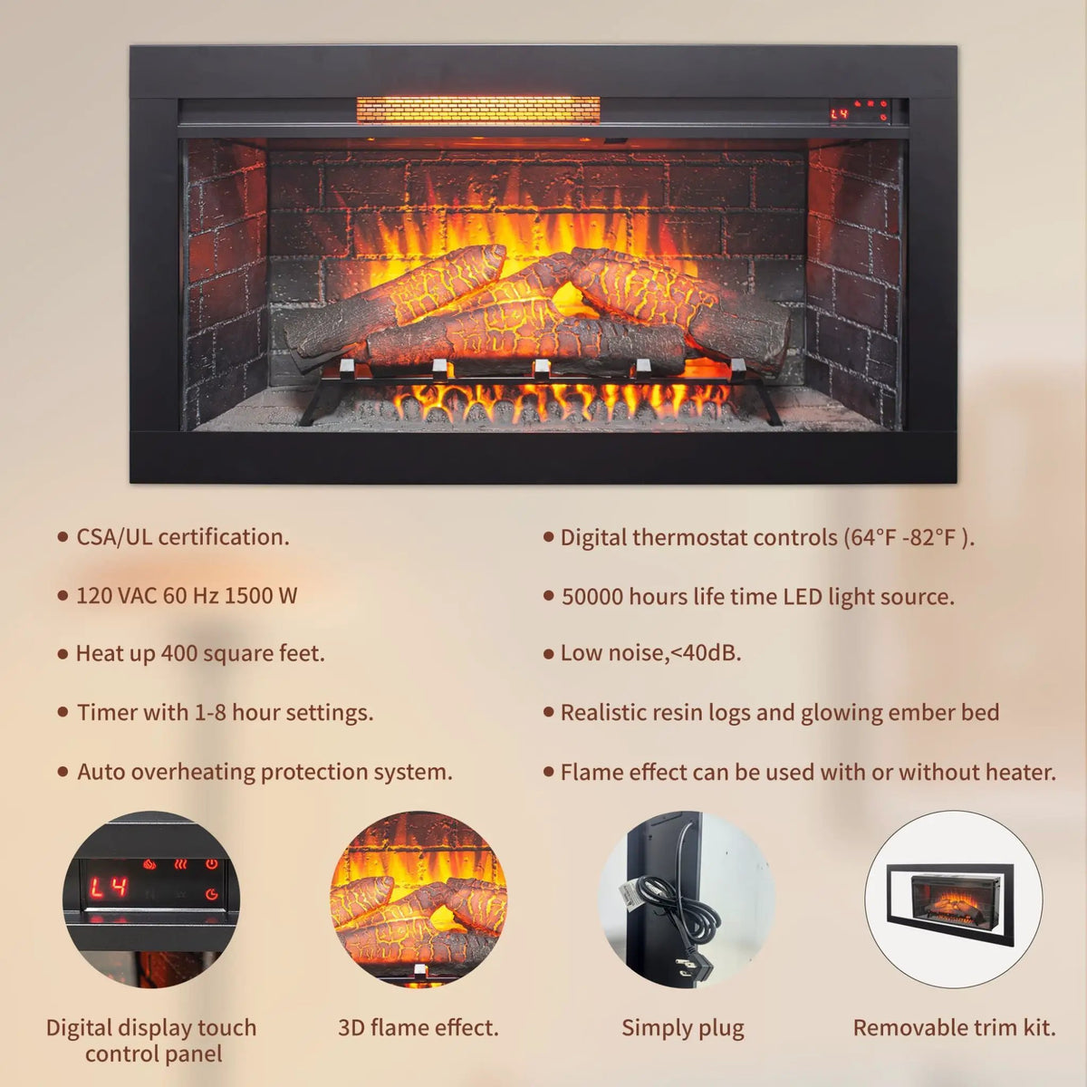 Electric Infrared Fireplace Insert | 36 Inch Antique Black | Touch Panel Control | Removable Trim Kit