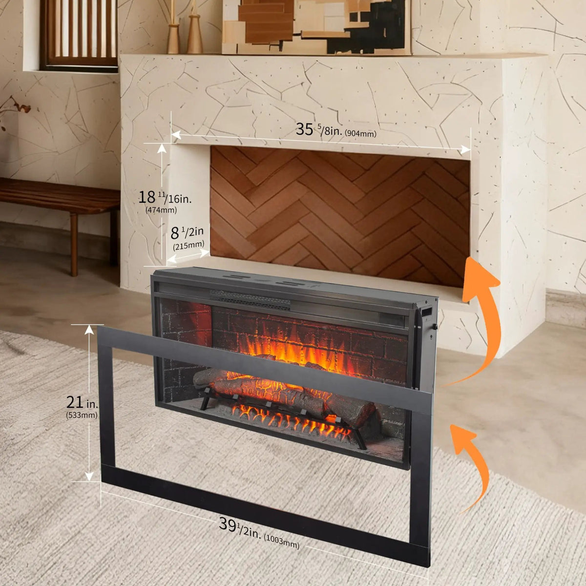 Electric Infrared Fireplace Insert | 36 Inch Antique Black | Touch Panel Control | Removable Trim Kit