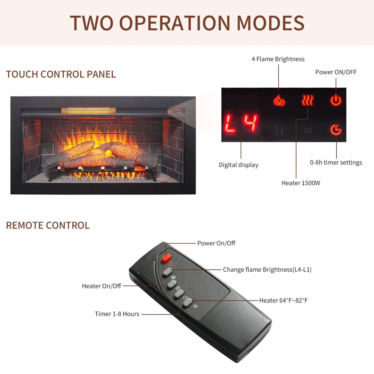 Electric Infrared Fireplace Insert | 36 Inch Antique Black | Touch Panel Control | Removable Trim Kit