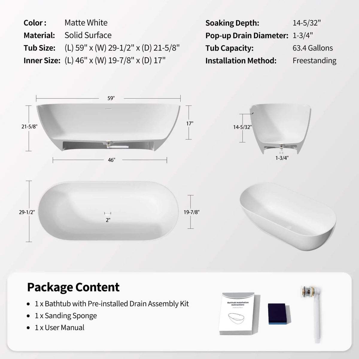 Wavecrest 59-Inch Luxury Solid Surface Matte White Freestanding Soaking Tub | 59 Inch | Stone | Bathtub