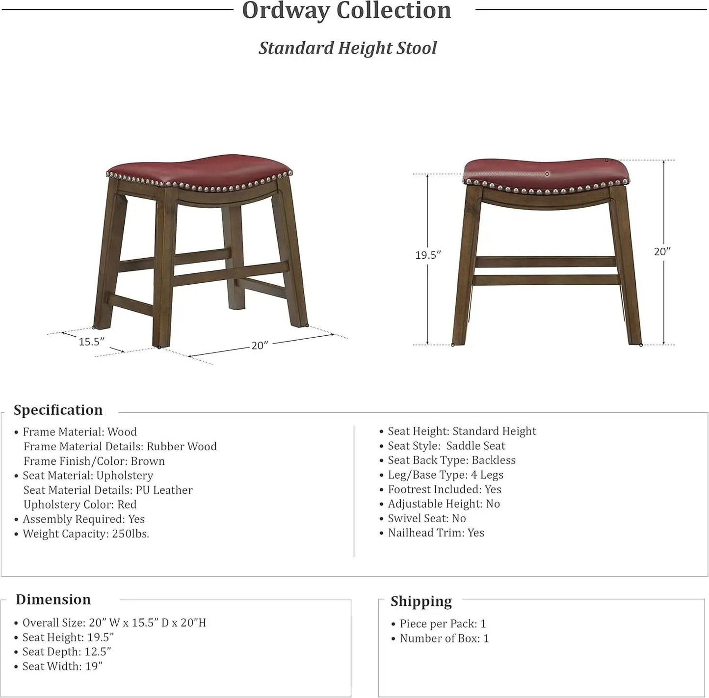 Ordway Saddle Seat Bar Stool Dining Height 19 Inch Red from PriceLows™