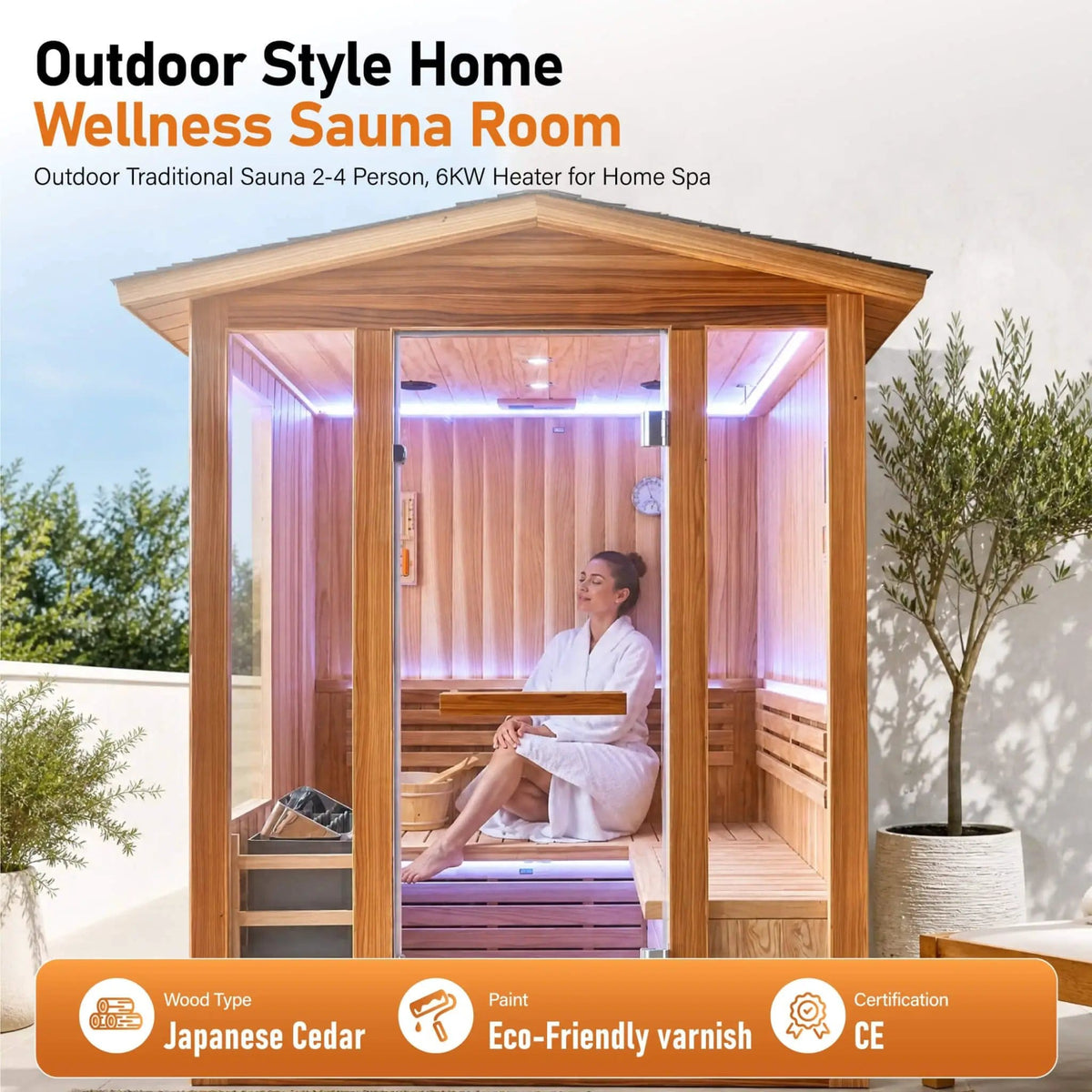 Solenne Outdoor 4-Person Traditional Cedar Steam Sauna With Sauna Heater | 4-Person | Glass | Outdoor Living