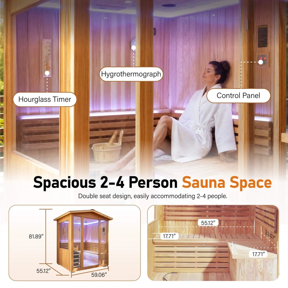 Solenne Outdoor 4-Person Traditional Cedar Steam Sauna With Sauna Heater | 4-Person | Glass | Outdoor Living