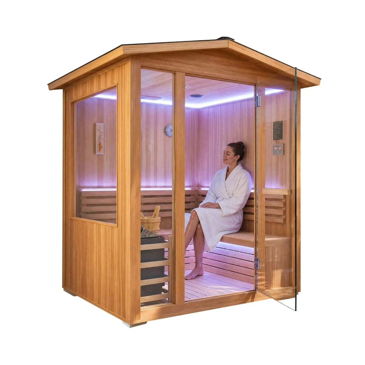 Solenne Outdoor 4-Person Traditional Cedar Steam Sauna With Sauna Heater | 4-Person | Glass | Outdoor Living