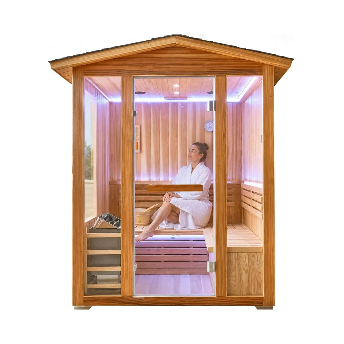 Solenne Outdoor 4-Person Traditional Cedar Steam Sauna With Sauna Heater | 4-Person | Glass | Outdoor Living