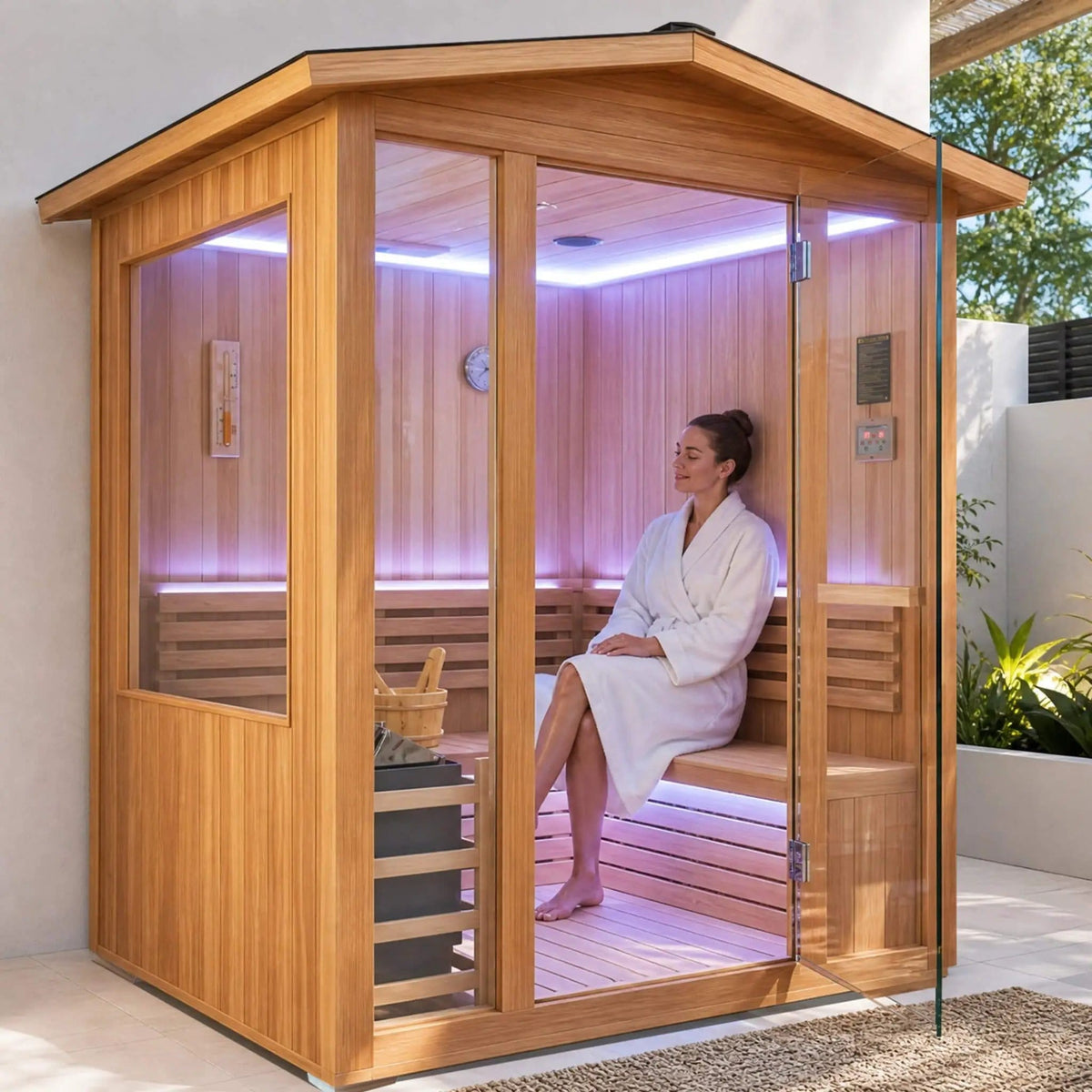 Solenne Outdoor 4-Person Traditional Cedar Steam Sauna With Sauna Heater | 4-Person | Glass | Outdoor Living
