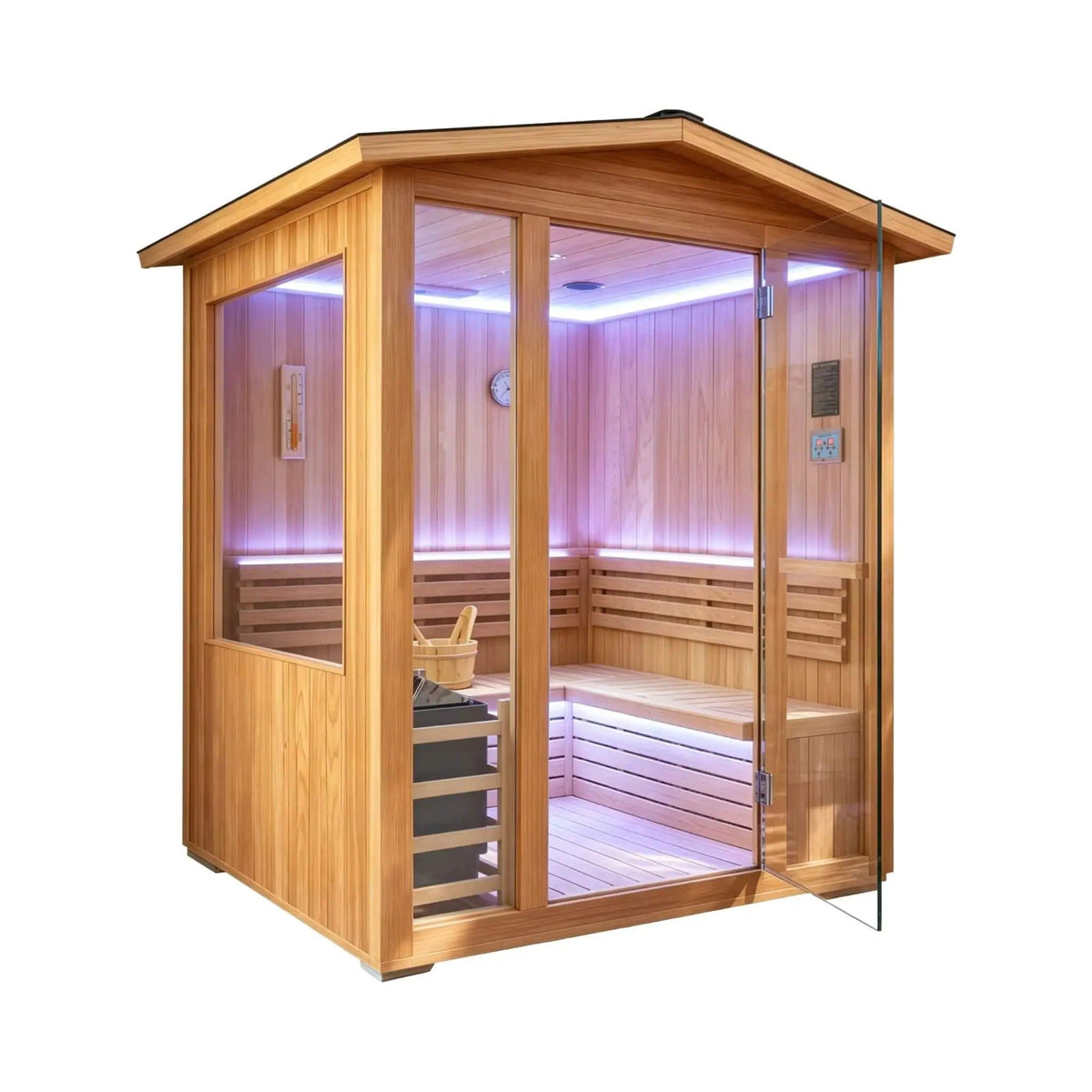 Solenne Outdoor 4-Person Traditional Cedar Steam Sauna With Sauna Heater | 4-Person | Glass | Outdoor Living