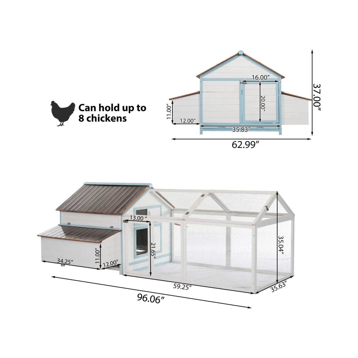 Fir Wood Chicken Coop | 96 Inch Outdoor Design | Nesting Box And Run | Dual-Zone Layout