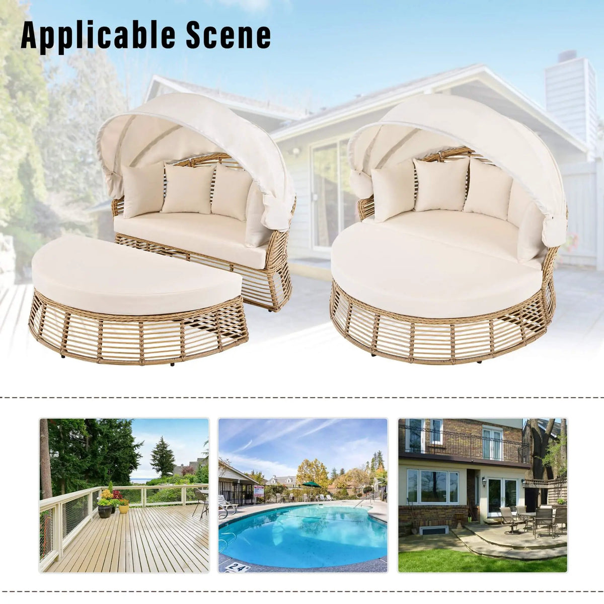 Outdoor Rattan Wicker Daybed | 53 Inch Round | Retractable Canopy | Plush Cushions With 5 Pillows
