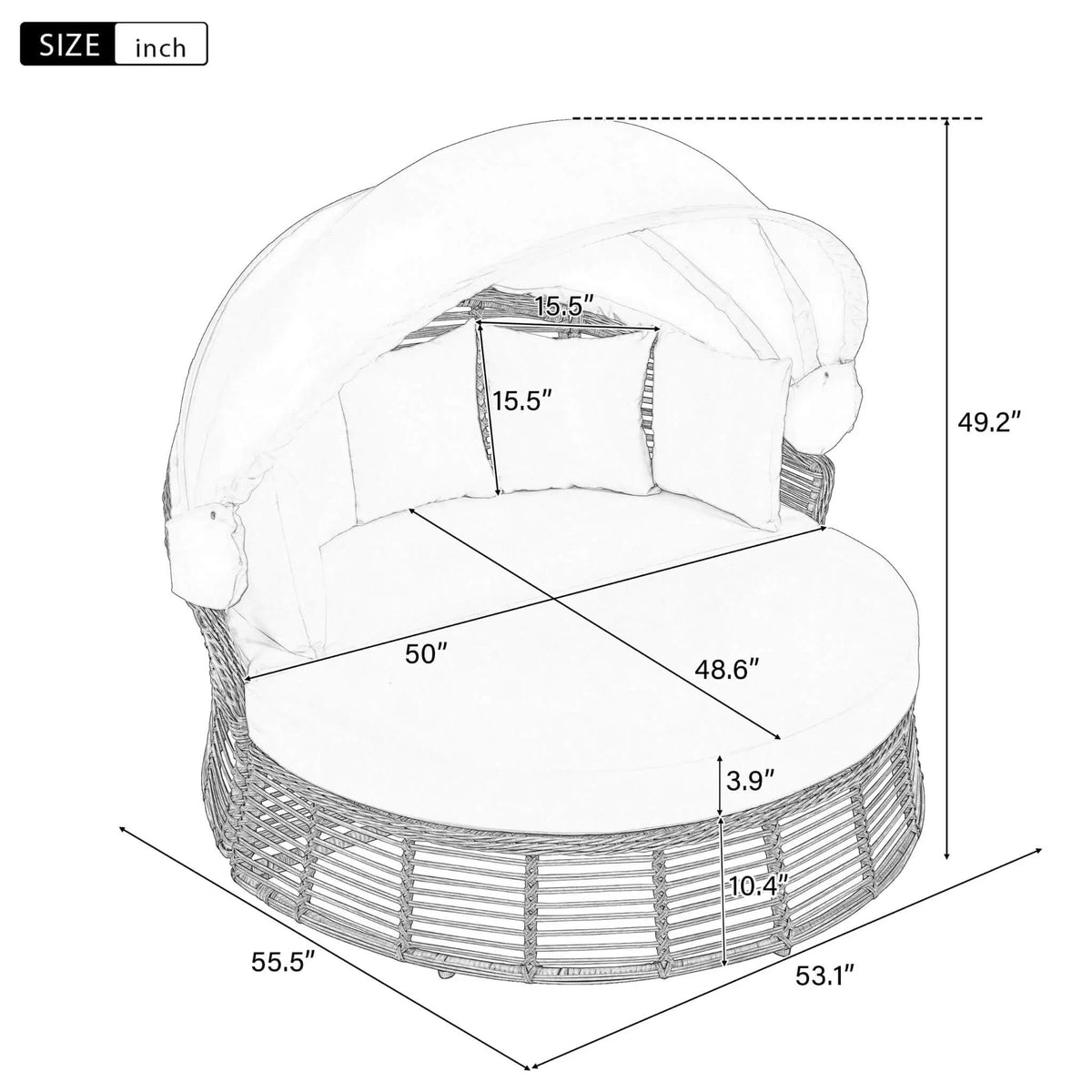 Outdoor Rattan Wicker Daybed | 53 Inch Round | Retractable Canopy | Plush Cushions With 5 Pillows