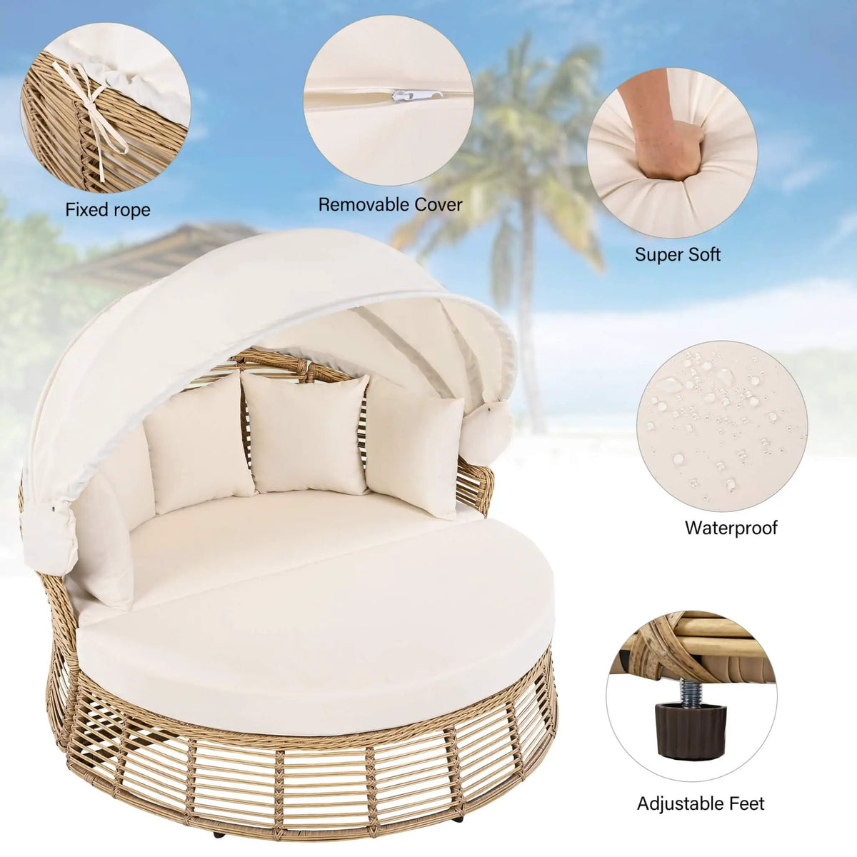 Outdoor Rattan Wicker Daybed | 53 Inch Round | Retractable Canopy | Plush Cushions With 5 Pillows