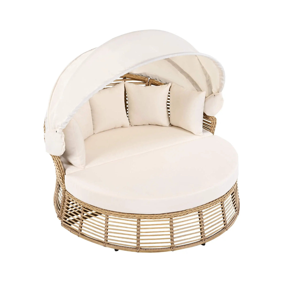 Outdoor Rattan Wicker Daybed | 53 Inch Round | Retractable Canopy | Plush Cushions With 5 Pillows