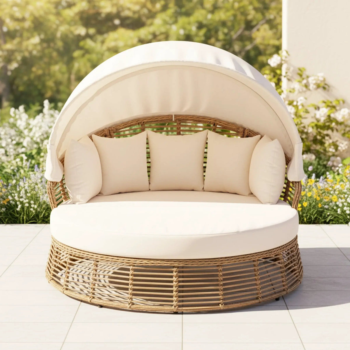 Outdoor Rattan Wicker Daybed | 53 Inch Round | Retractable Canopy | Plush Cushions With 5 Pillows