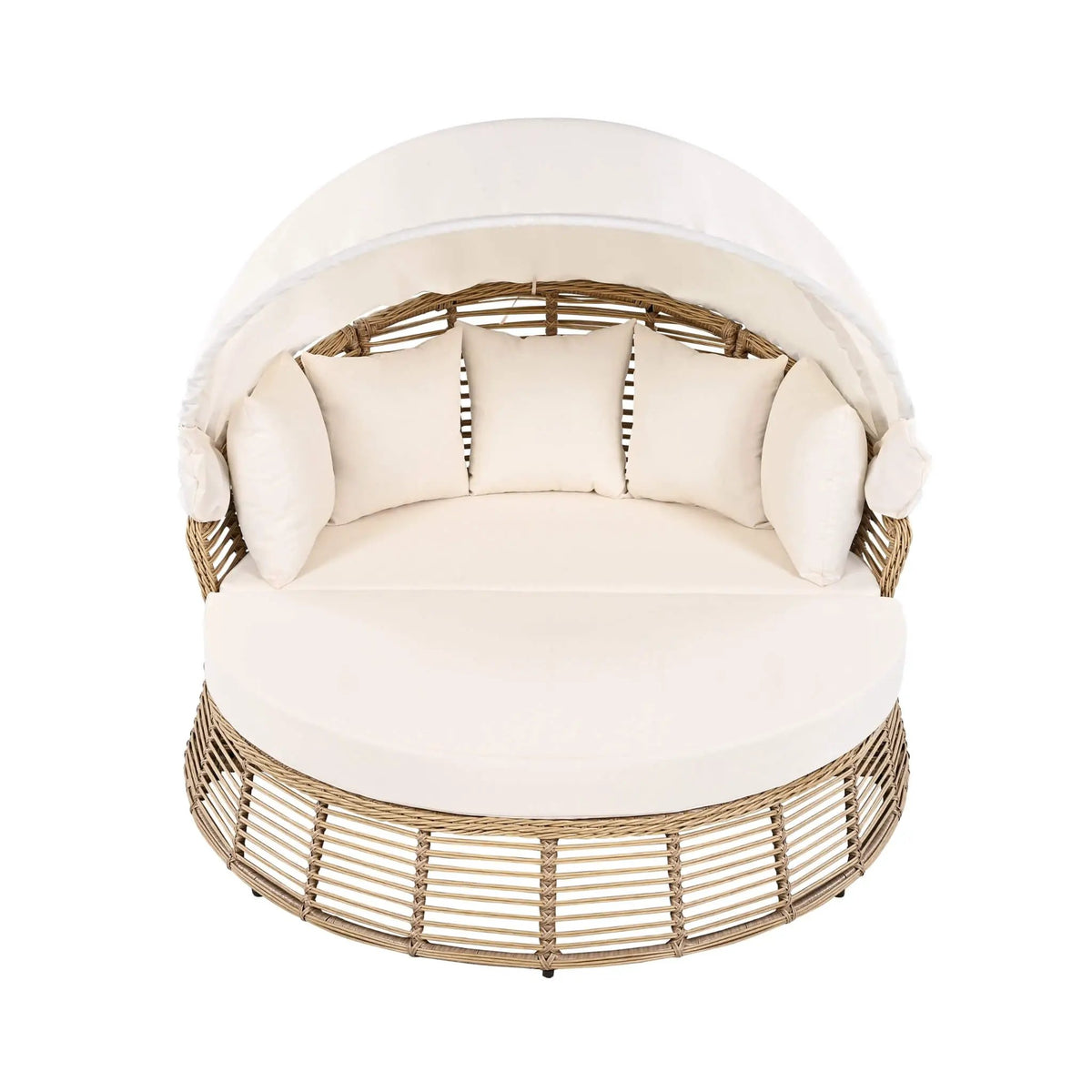 Outdoor Rattan Wicker Daybed | 53 Inch Round | Retractable Canopy | Plush Cushions With 5 Pillows