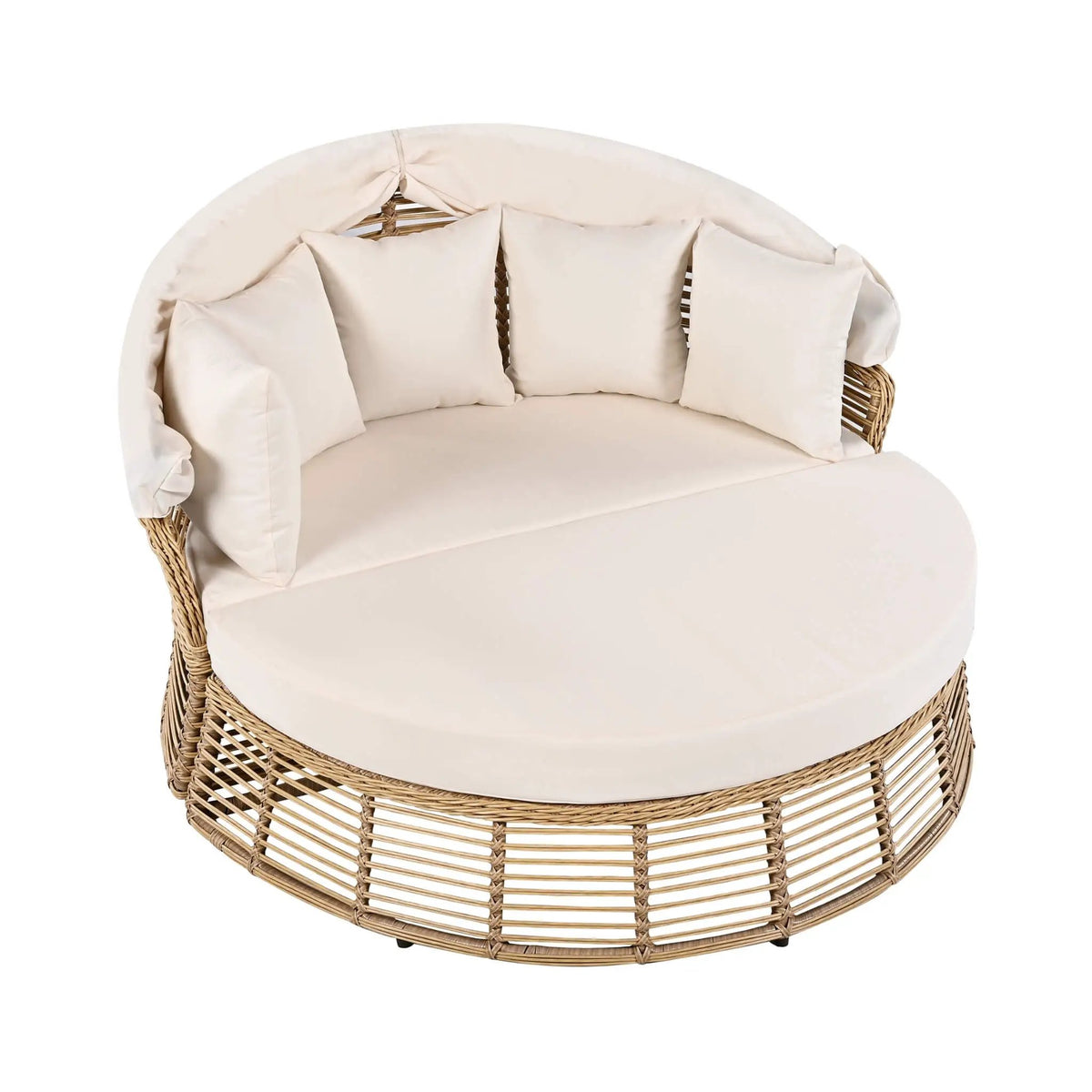 Outdoor Rattan Wicker Daybed | 53 Inch Round | Retractable Canopy | Plush Cushions With 5 Pillows