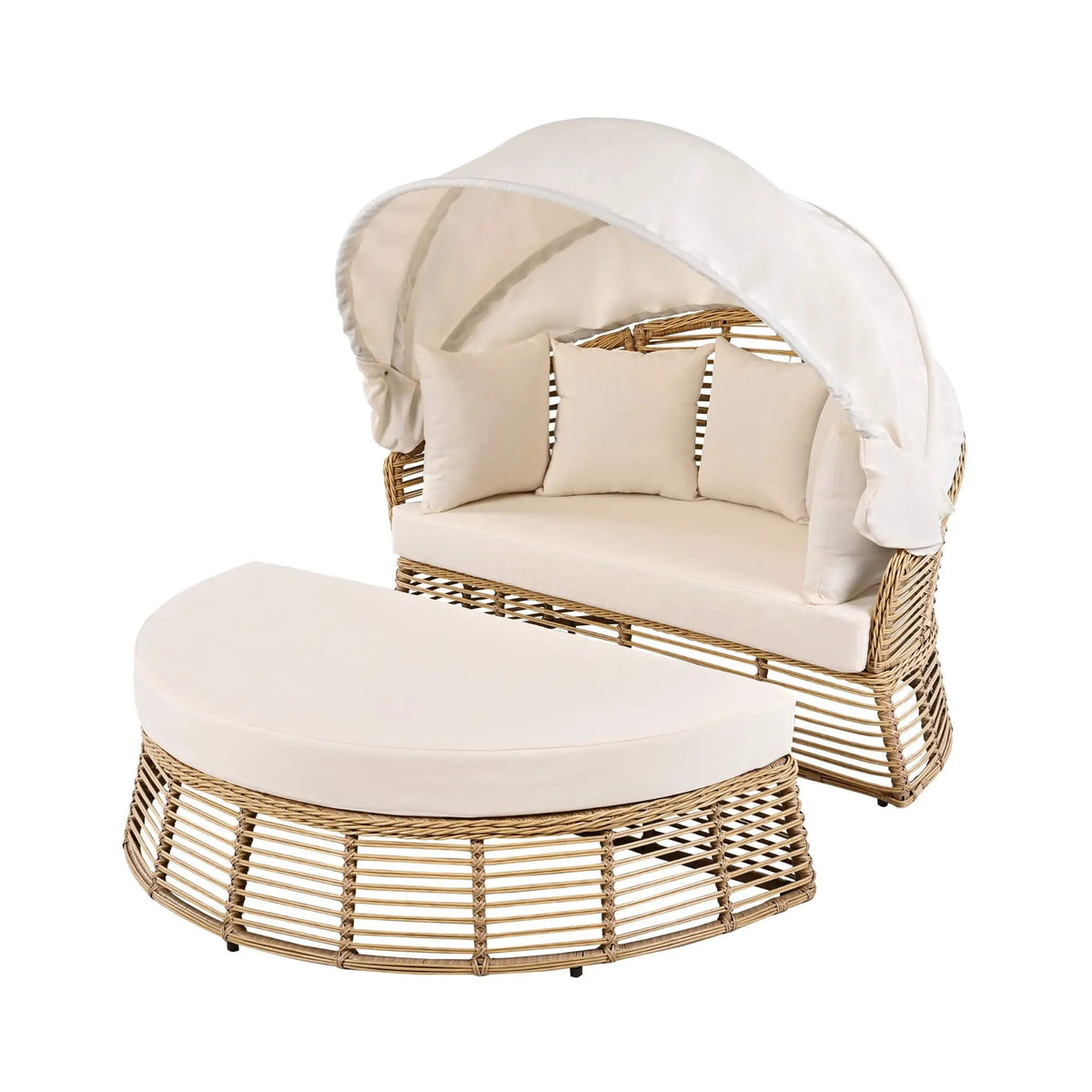 Outdoor Rattan Wicker Daybed | 53 Inch Round | Retractable Canopy | Plush Cushions With 5 Pillows