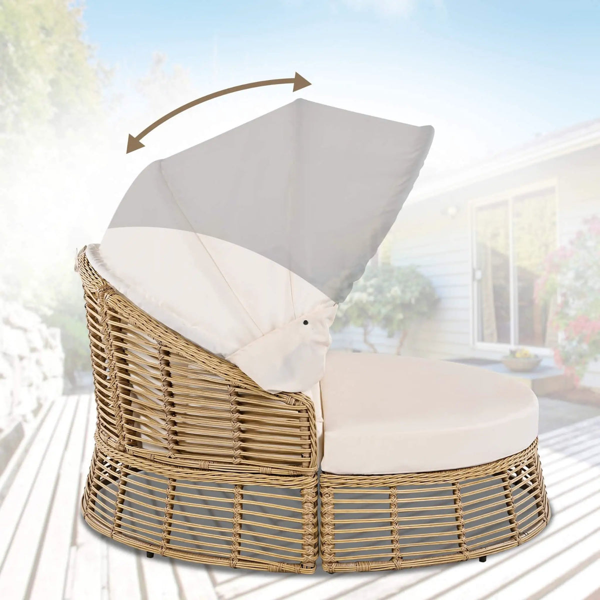 Outdoor Rattan Wicker Daybed | 53 Inch Round | Retractable Canopy | Plush Cushions With 5 Pillows