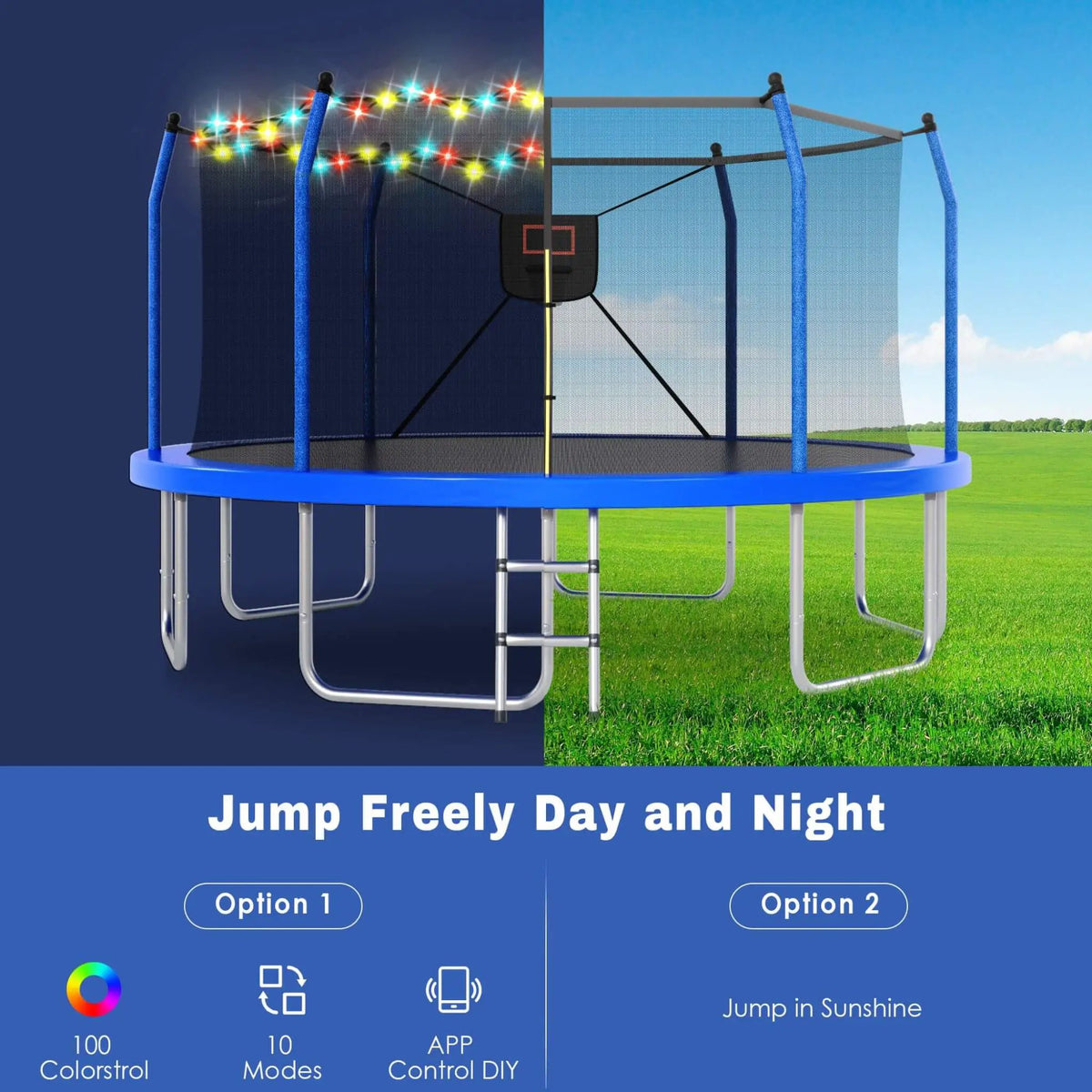Outdoor Trampoline | LED Lights | Basketball Hoop | 1500 Lb Capacity