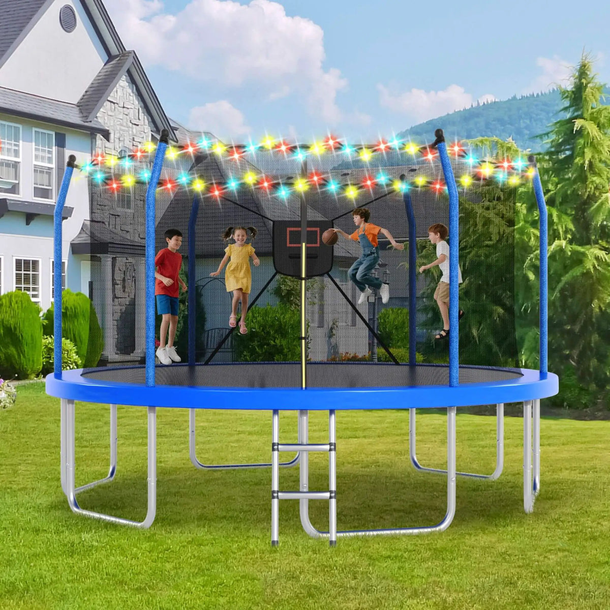 Outdoor Trampoline | LED Lights | Basketball Hoop | 1500 Lb Capacity