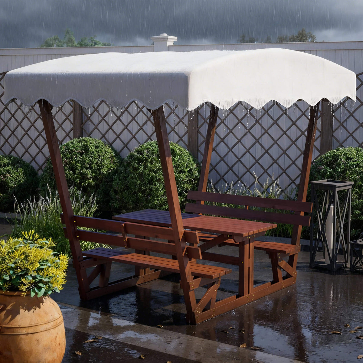 Outdoor Picnic Table And Bench Set | Solid Wood | Removable Canopy | Waterproof UV Shield