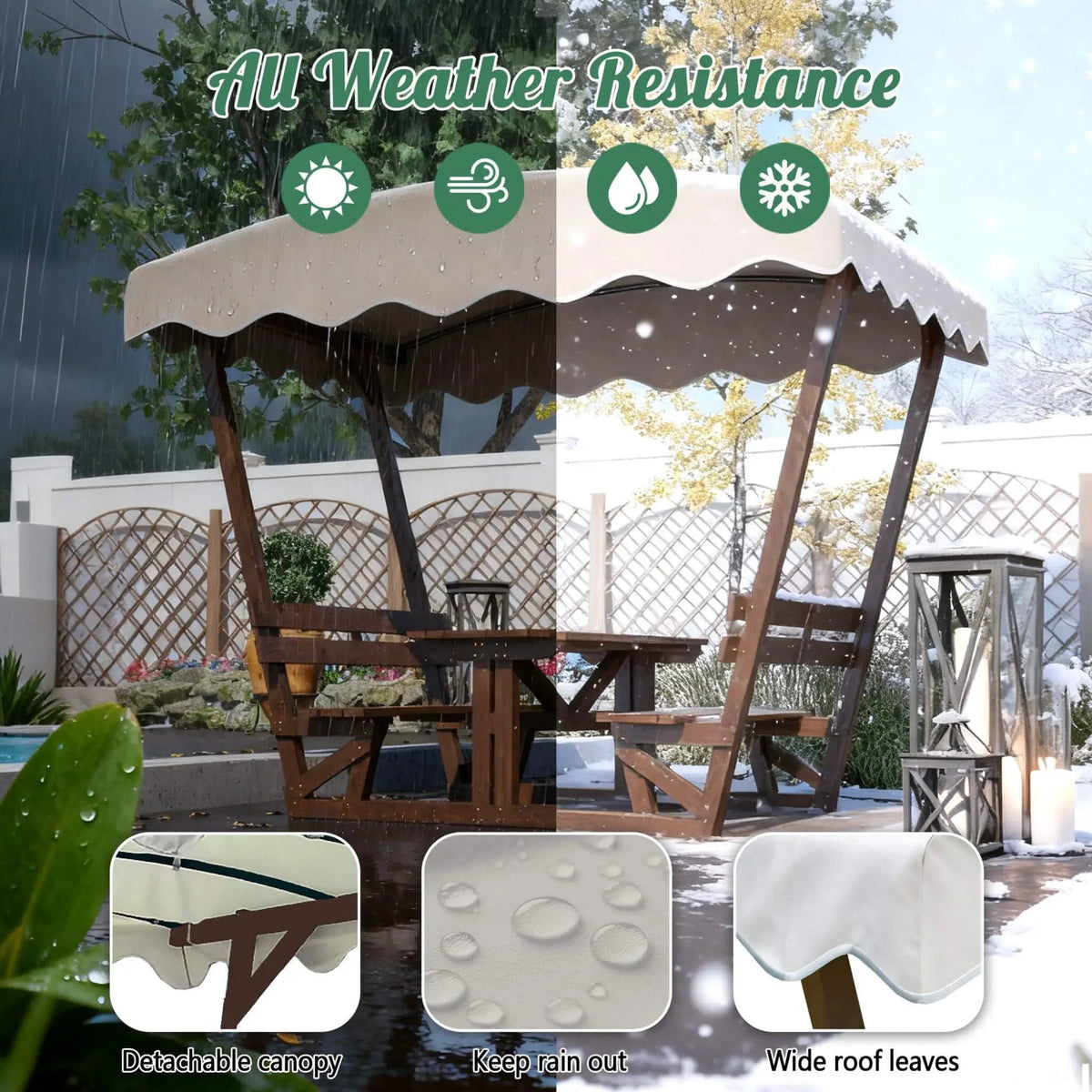 Outdoor Picnic Table And Bench Set | Solid Wood | Removable Canopy | Waterproof UV Shield