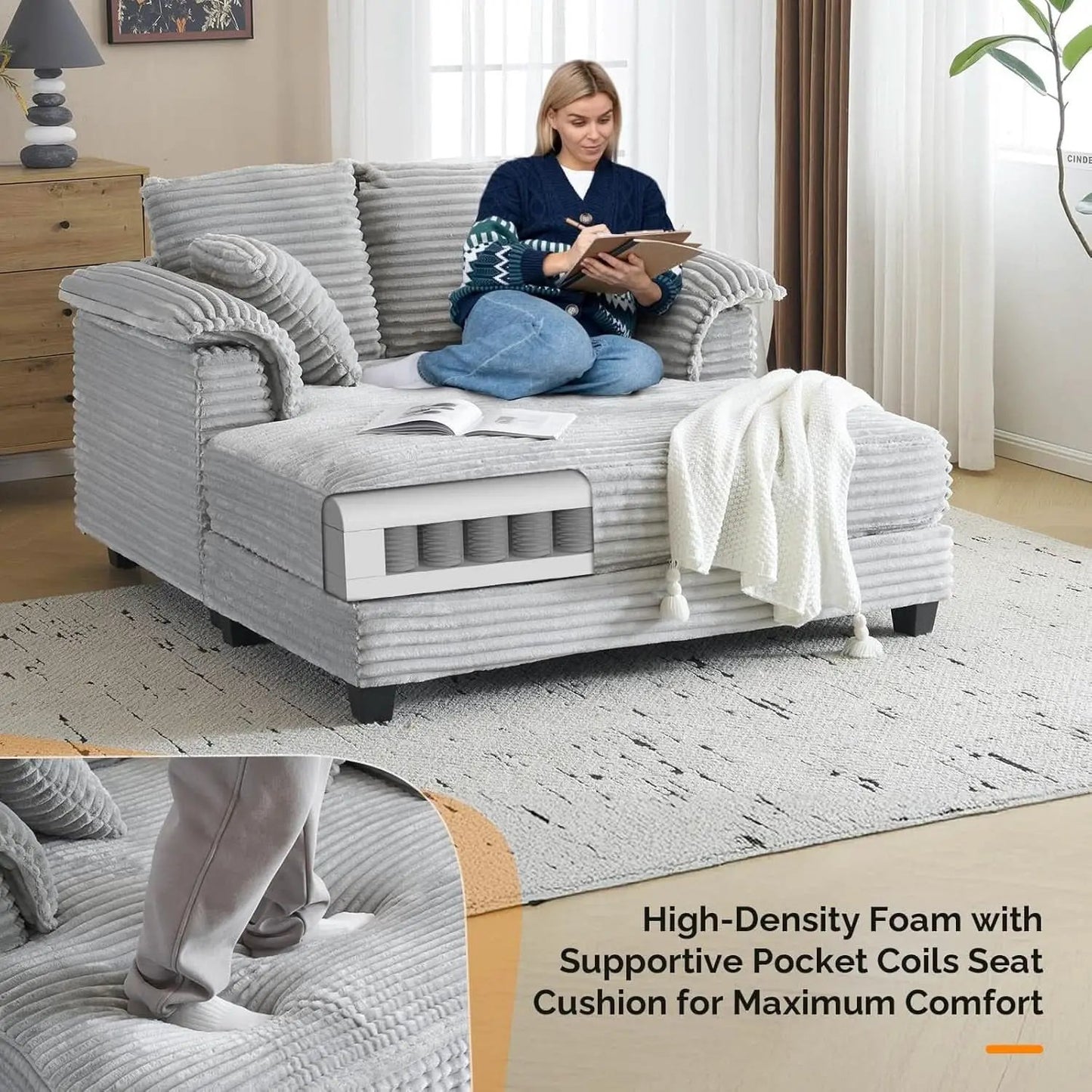 Oversized Light Grey Chaise Lounge Chair with Pillows from PriceLows™
