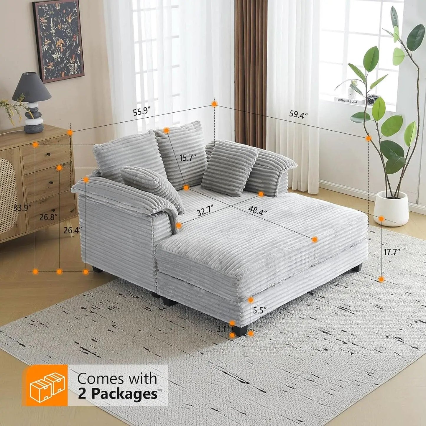 Oversized Light Grey Chaise Lounge Chair with Pillows from PriceLows™