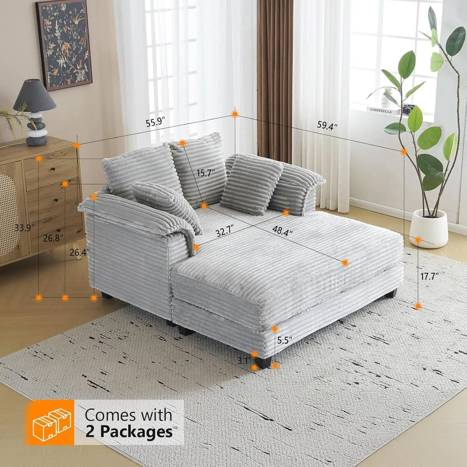 Oversized Light Grey Chaise Lounge Chair with Pillows from PriceLows™