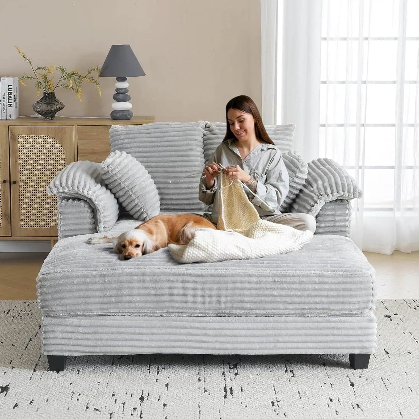 Oversized Light Grey Chaise Lounge Chair with Pillows from PriceLows™