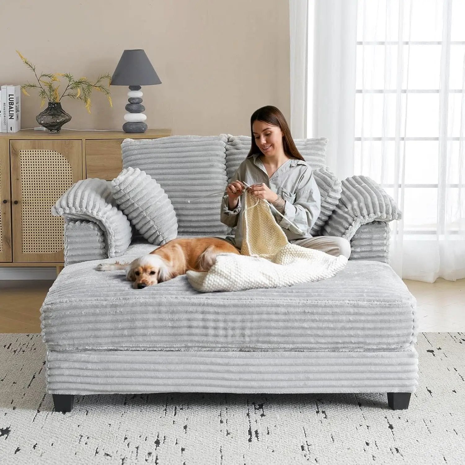 Oversized Light Grey Chaise Lounge Chair with Pillows from PriceLows™