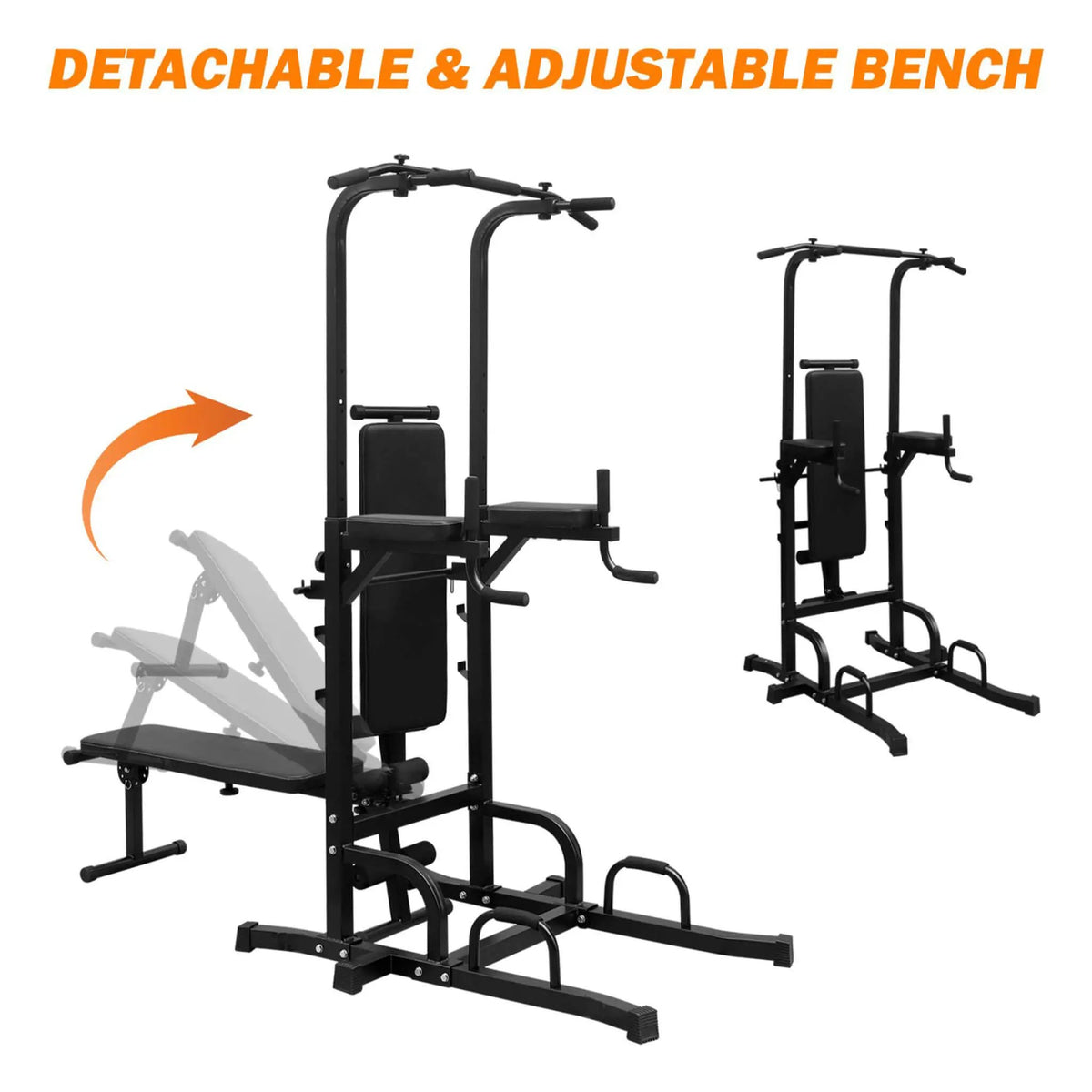 Power Tower Dip Station | 440 Lb Capacity | Adjustable Height | Pull-Up Bar And Bench