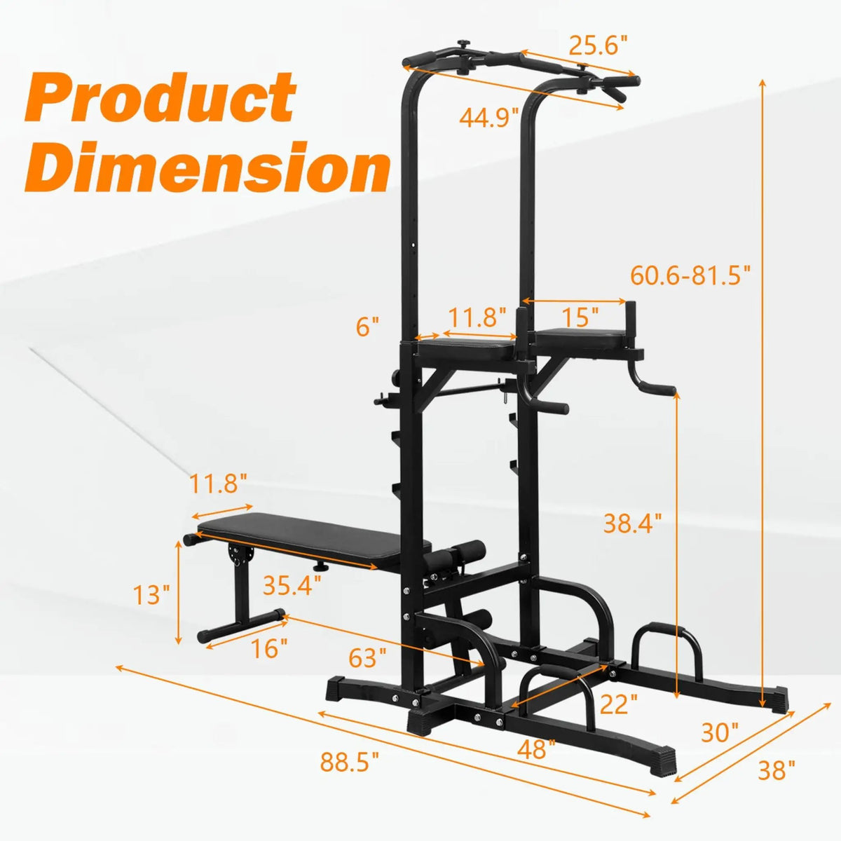 Power Tower Dip Station | 440 Lb Capacity | Adjustable Height | Pull-Up Bar And Bench