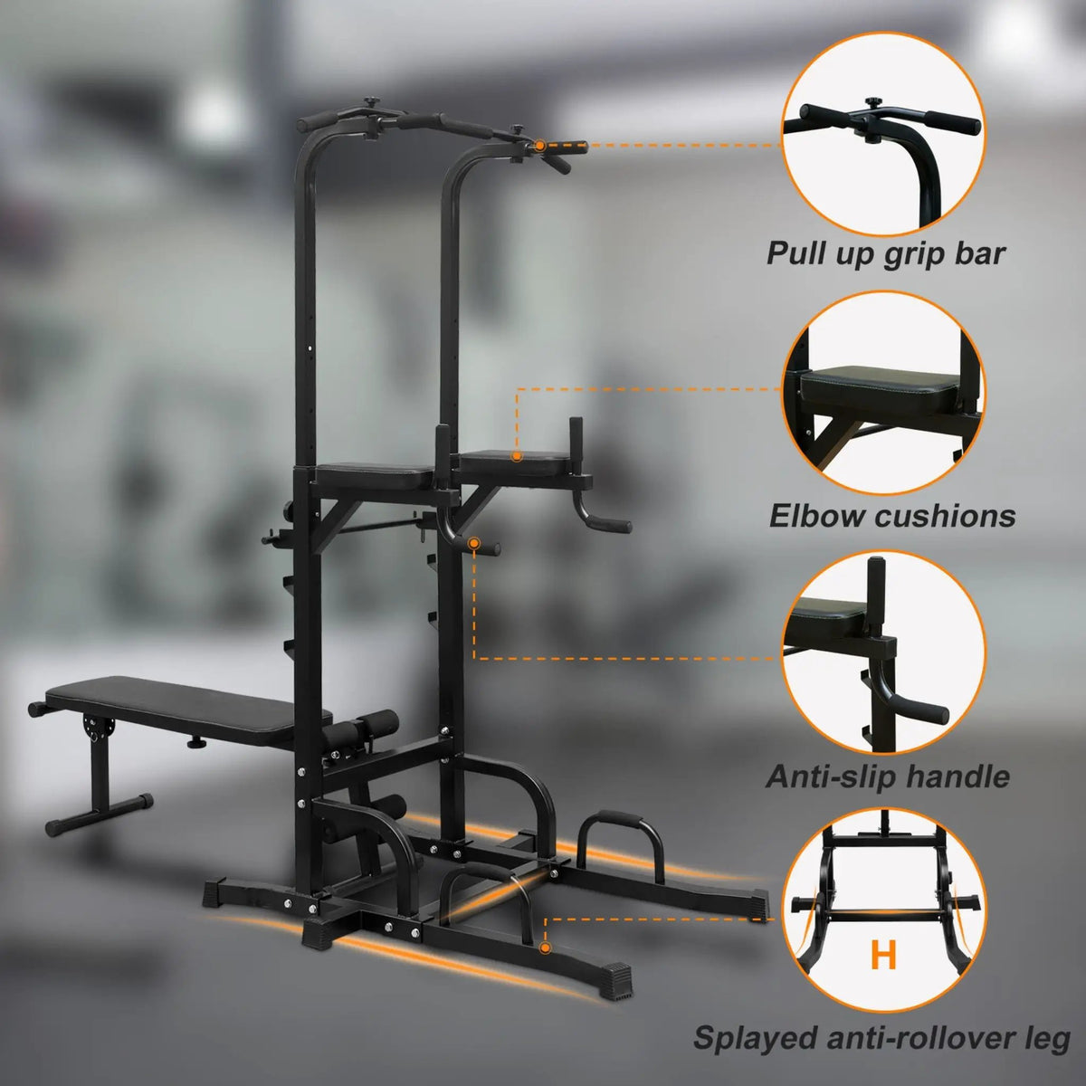 Power Tower Dip Station | 440 Lb Capacity | Adjustable Height | Pull-Up Bar And Bench