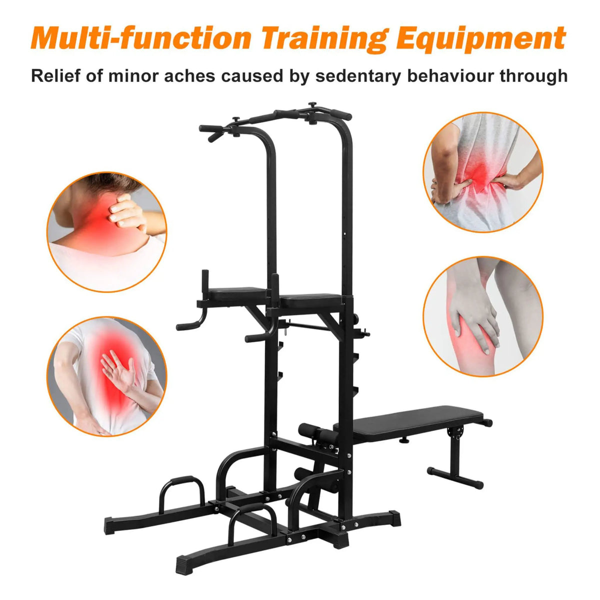 Power Tower Dip Station | 440 Lb Capacity | Adjustable Height | Pull-Up Bar And Bench