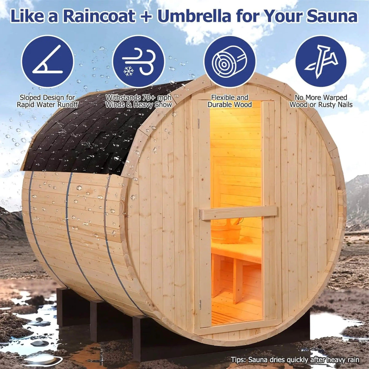 Haven Premium All Weather Outdoor Pinewood Barrel Sauna Kit With 4.5KW Heater And | 4.5 kW | Tempered Glass | Infrared Sauna