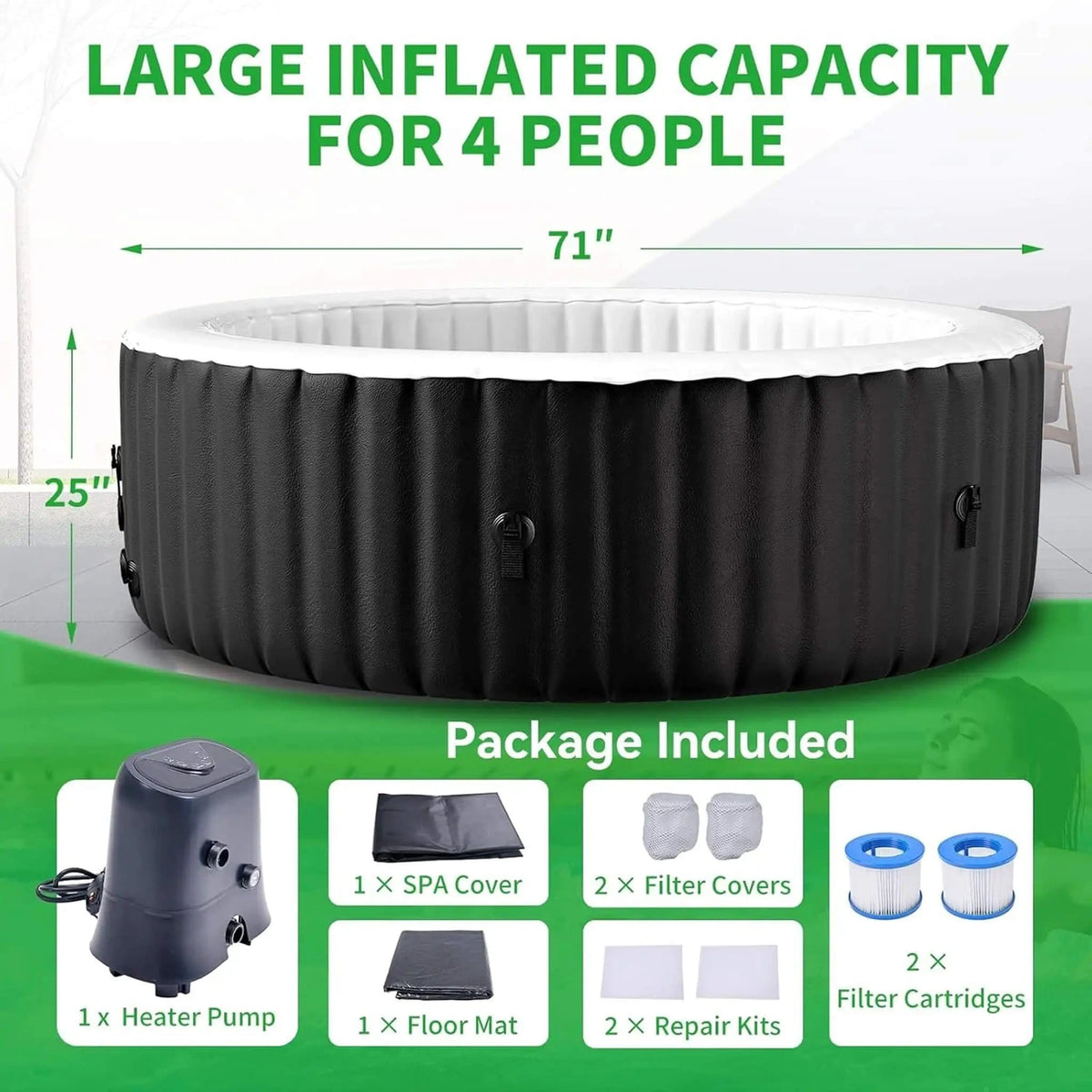 Premium Large 4-Person Inflatable Hot Tub Kit With 8-Color LED Lights | 4-Person | Outdoor Living Use | Outdoor Living